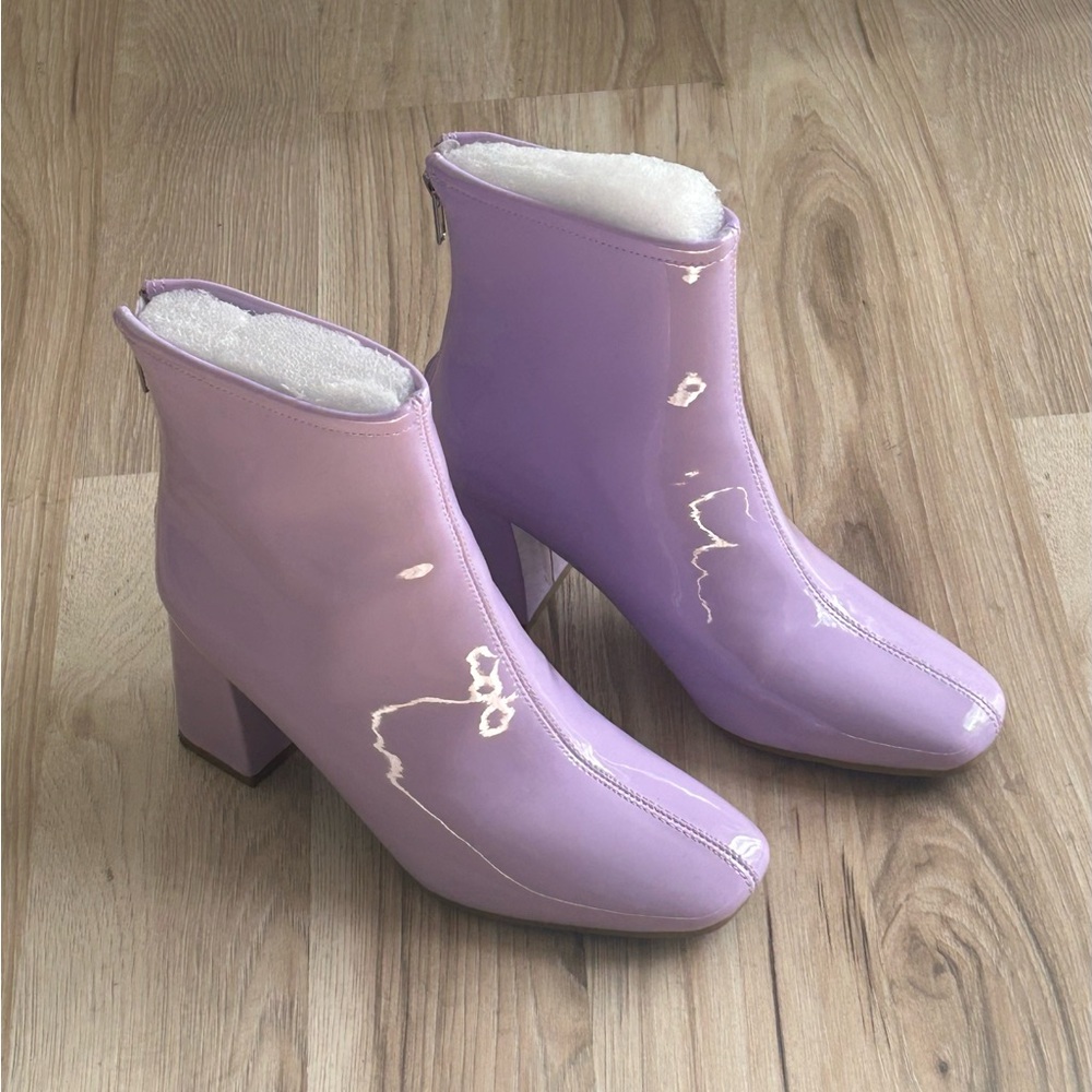 Mod Patent Lilac Lavender Faux Leather Block‎ Heel Zip Ankle Boot Booties Sz 6